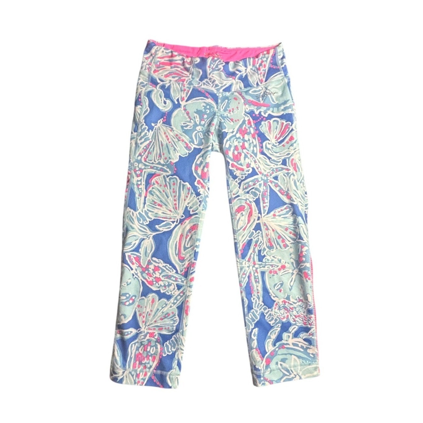 Lilly Pulitzer Luxletic Capri Leggings Shell Print Pink Blue Trim Womens Size Xs